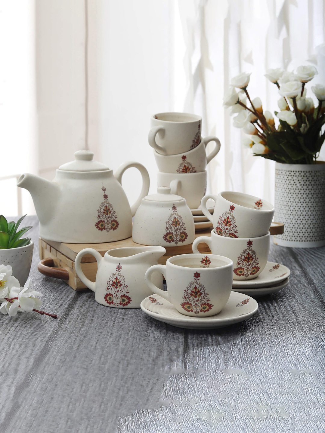 

MIAH Decor White & Brown 15 Pieces Printed Handcrafted Stoneware Kettle Set