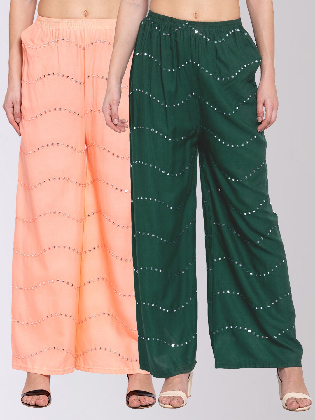 

KLOTTHE Set Of 2 Women Embellished Peach & Green Palazzos