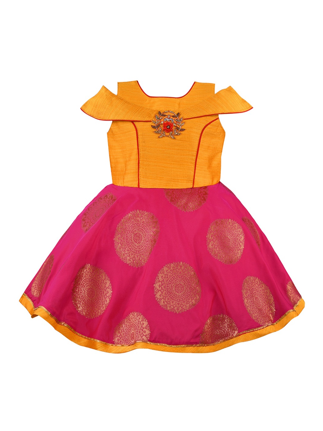 

Wish Karo Yellow & Pink Jacquard Dress