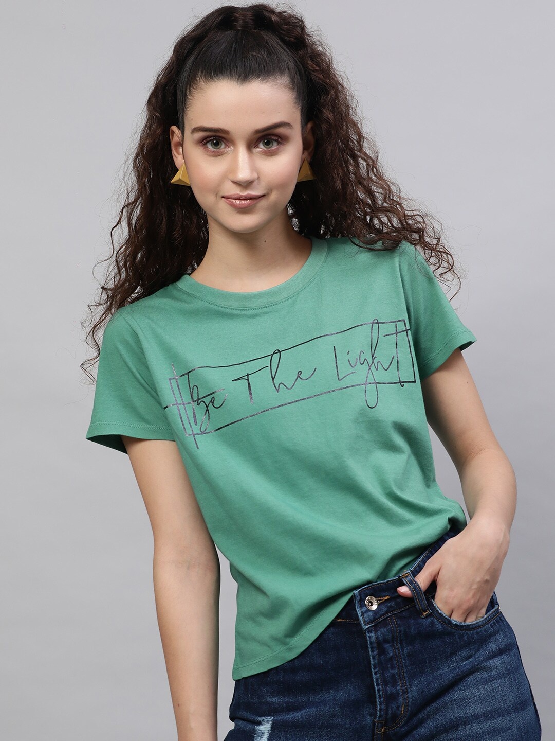 

STREET 9 Women Green Printed Round Neck Pure Cotton T-shirt
