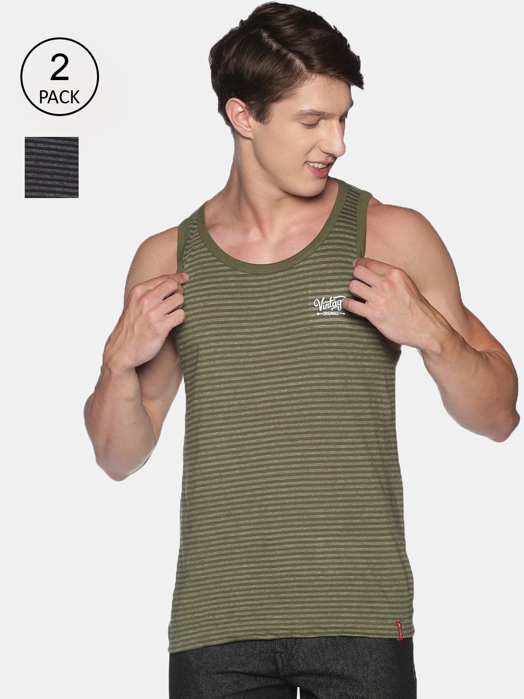 

Force NXT Pack of 2 Striped Premium Cotton Tank Vests, Green