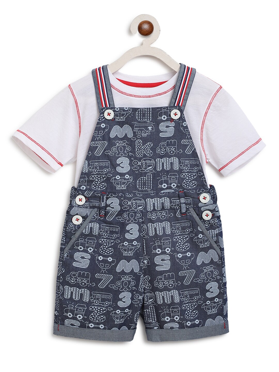 

Nauti Nati Boys Navy Blue & White Solid Cotton T-shirt with Dungaree