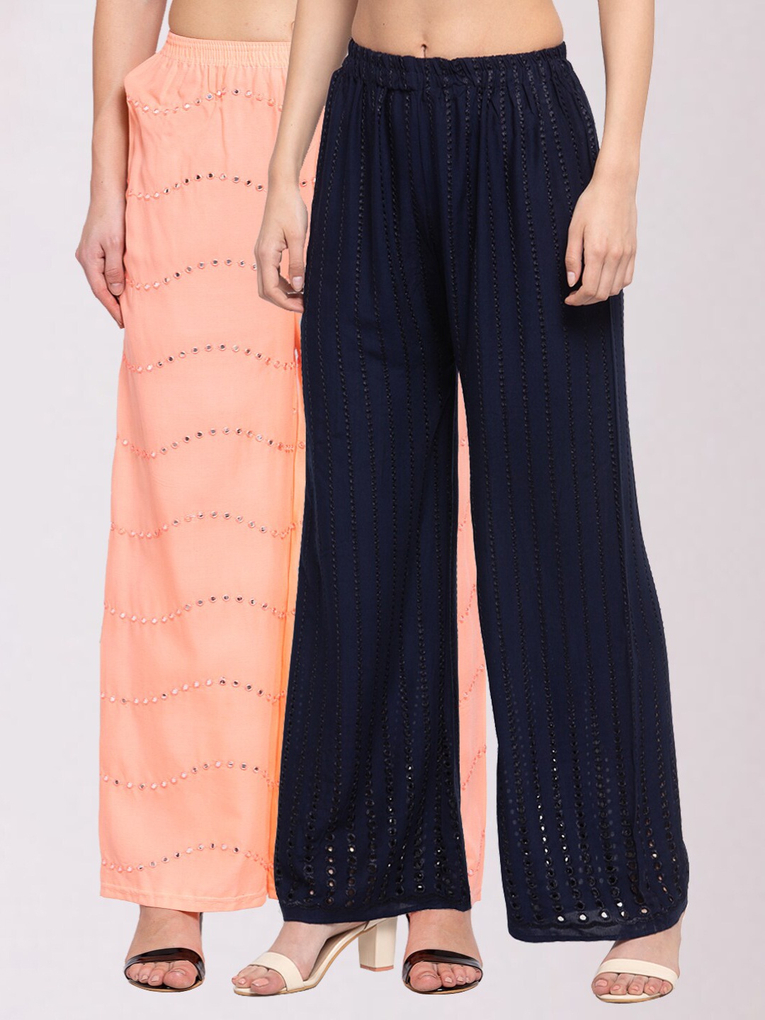 

KLOTTHE Set Of 2 Women Peach-Coloured & Navy Blue Embroidered Wide Leg Palazzos