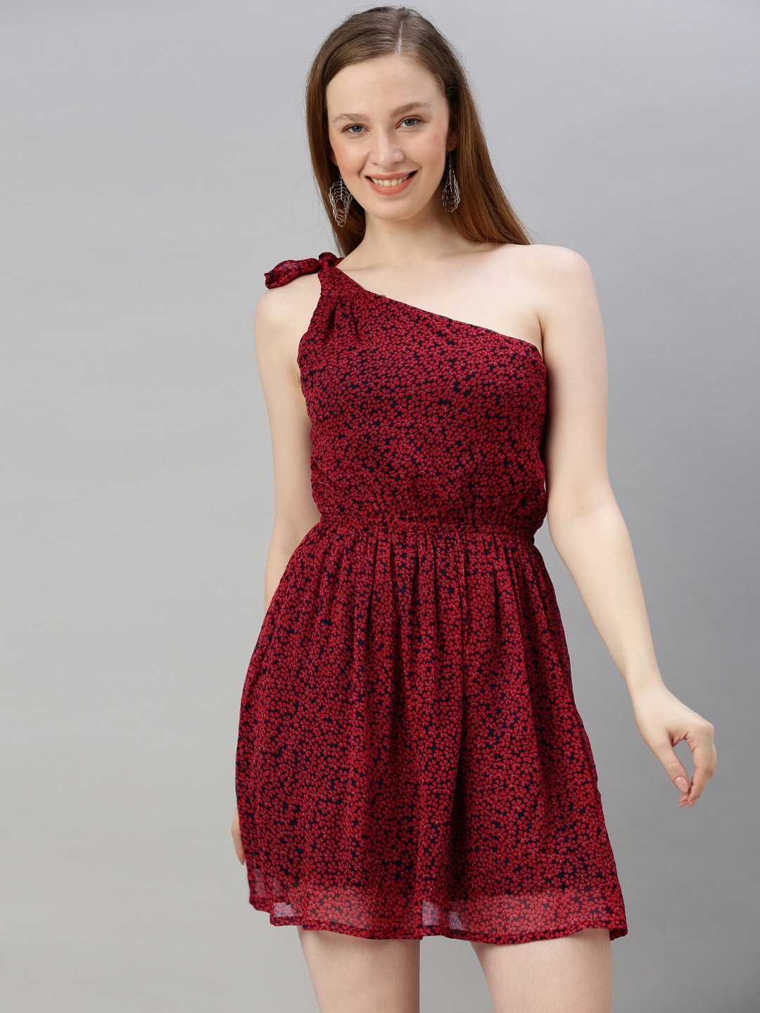 Sera Navy Blue & Red Floral One Shoulder Mini Chiffon Dress