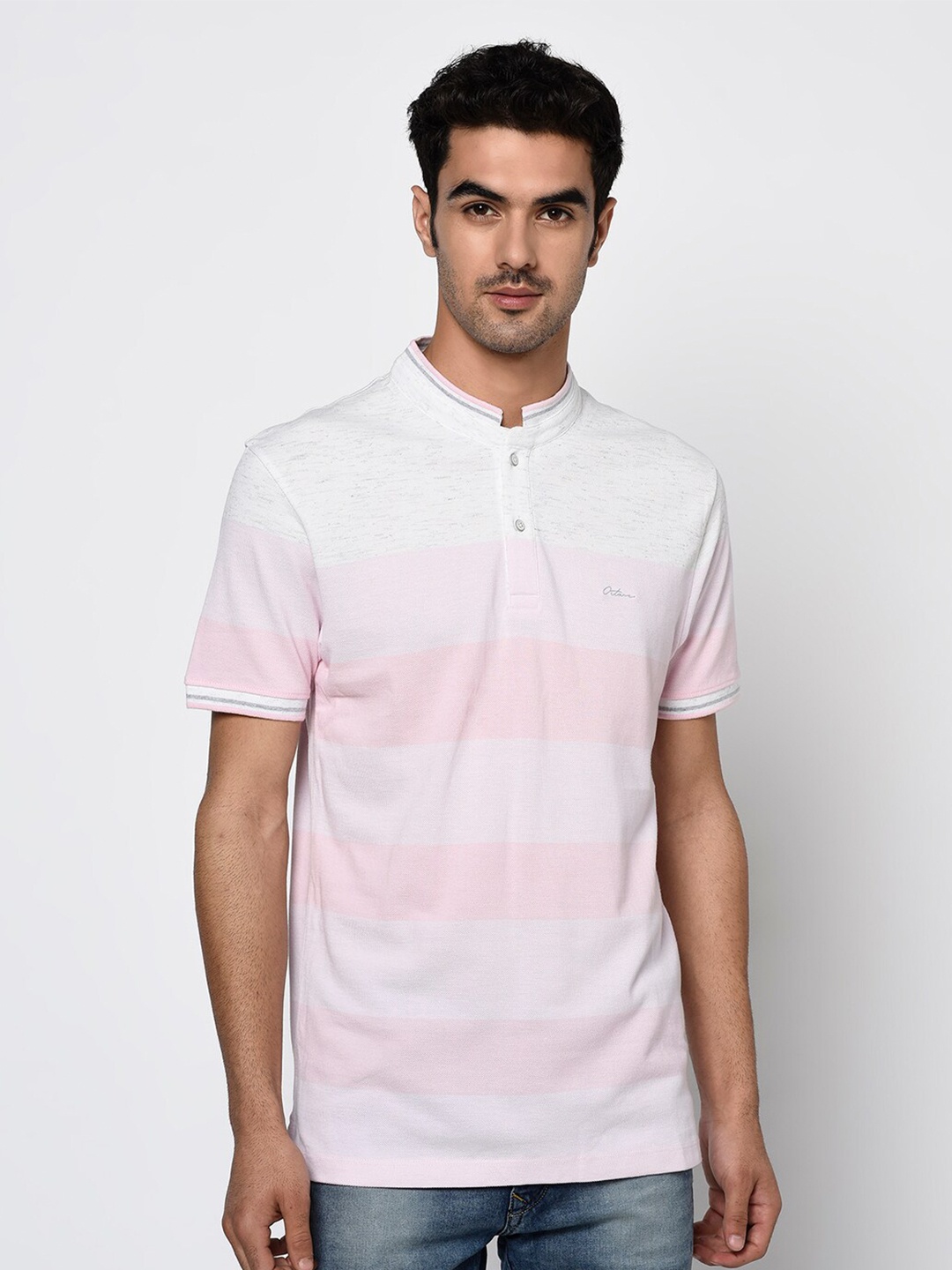 

Octave Men Pink & White Striped Mandarin Collar T-shirt