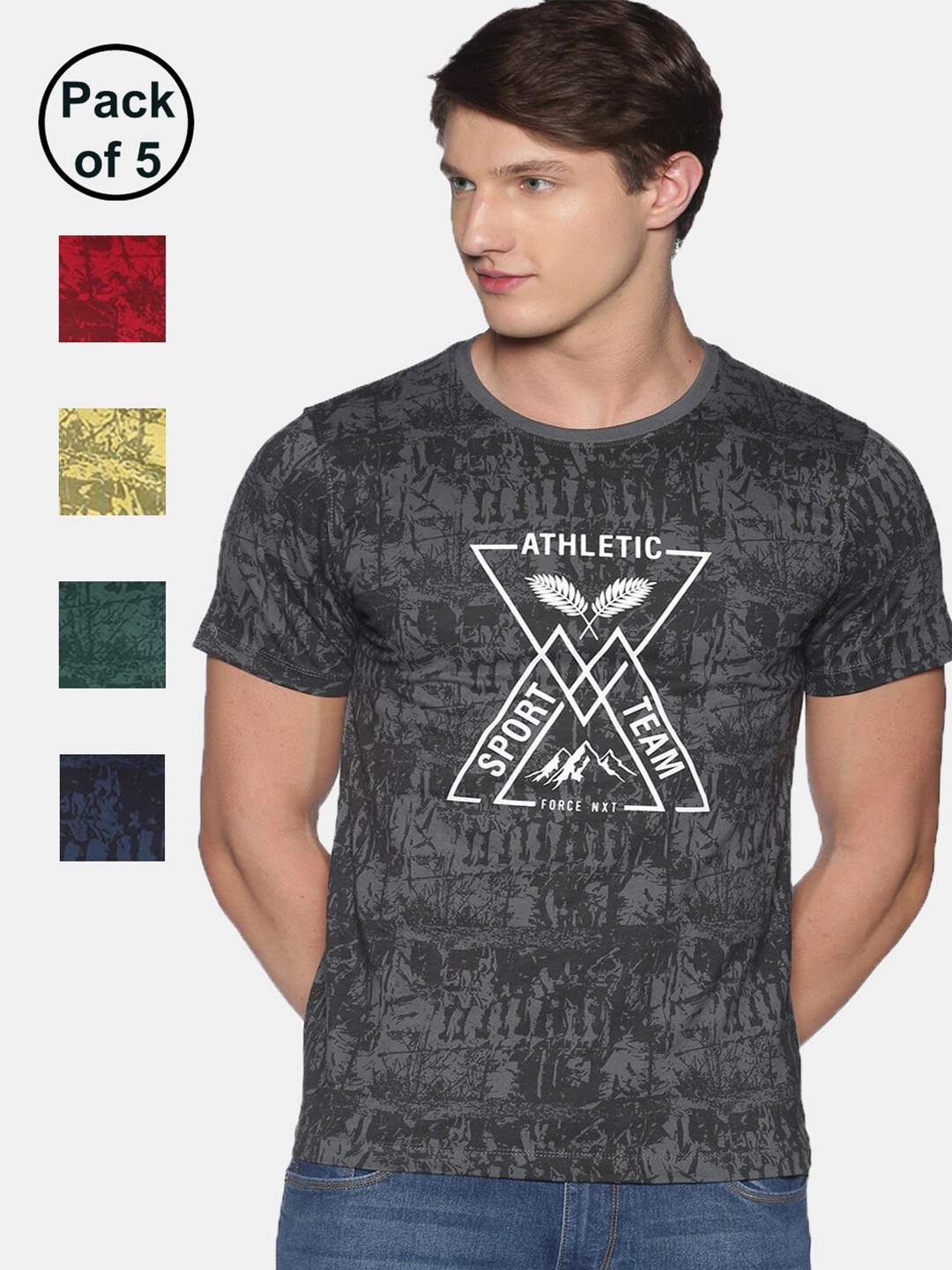

Force NXT Men Pack of 5 Printed Round Neck T-shirts, Grey