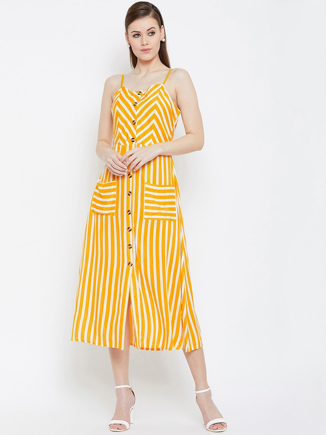 

Berrylush Yellow & White Striped Midi A-line Dress