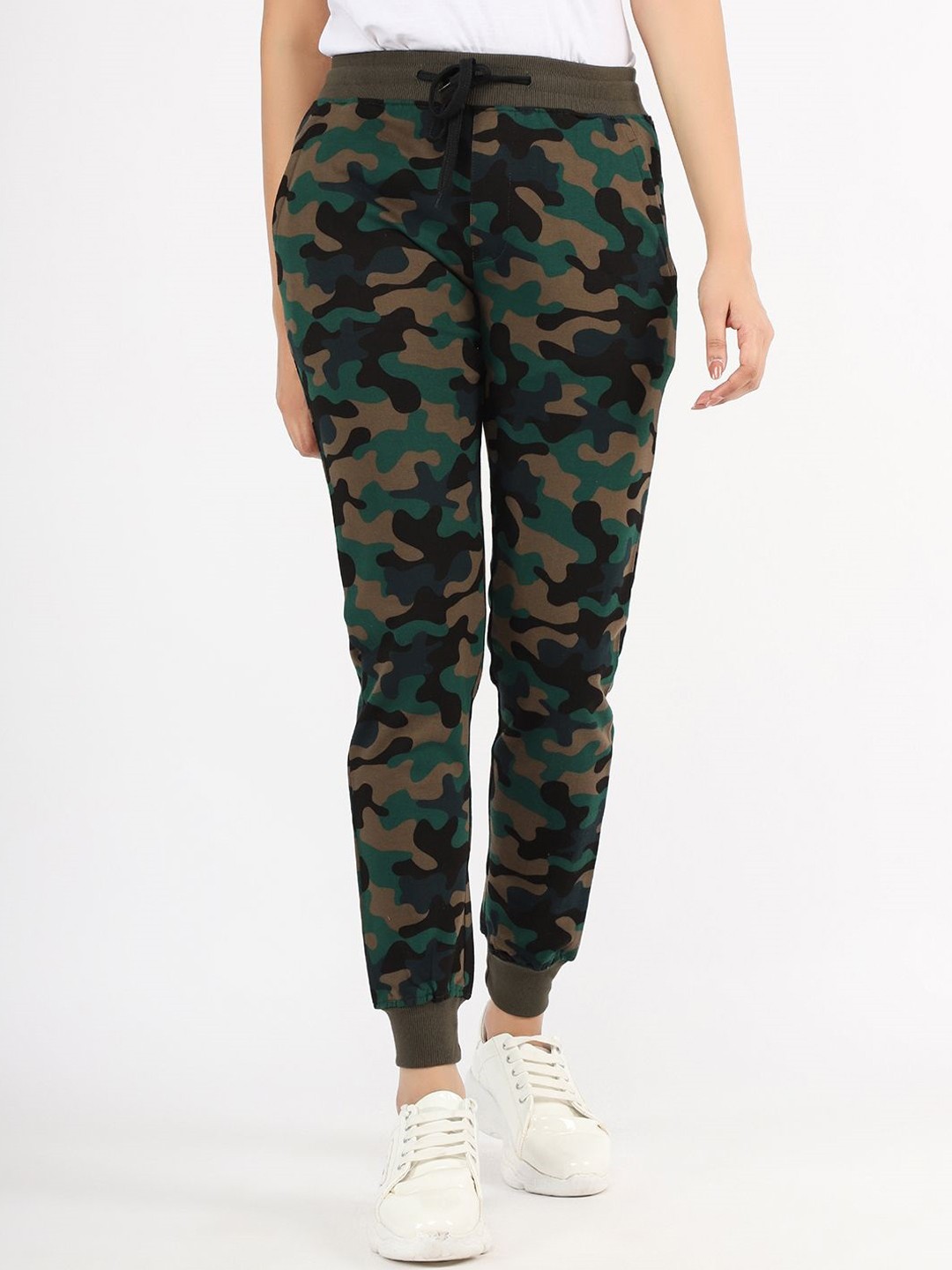 

VEIRDO Women Olive Green & Black Camouflage Printed Slim-Fit Cotton Joggers
