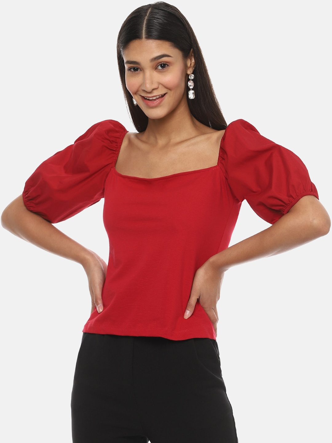 

Campus Sutra Red Solid Cotton Bardot Top