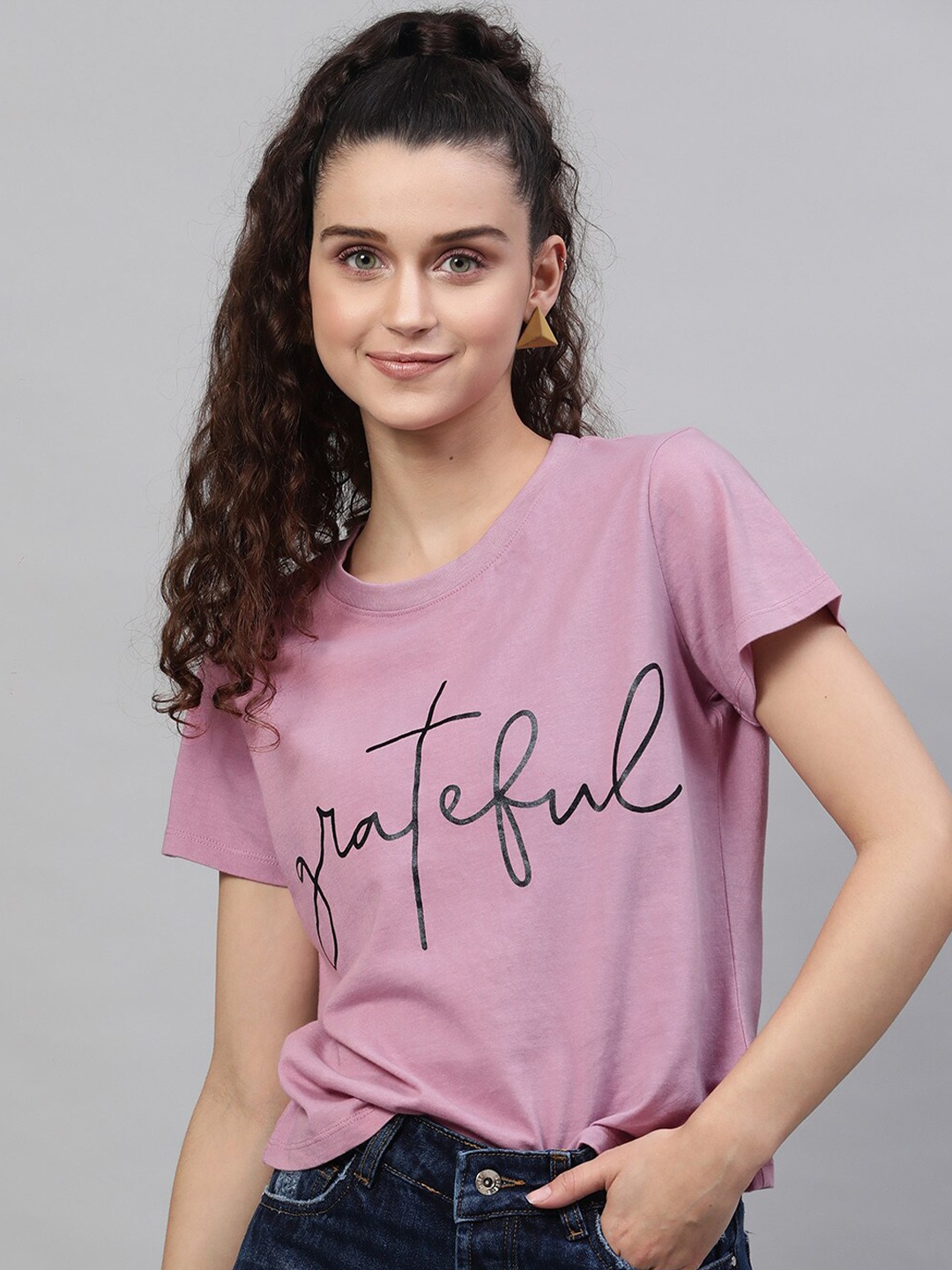 

STREET 9 Women Lavender Printed Round Neck Pure Cotton T-shirt