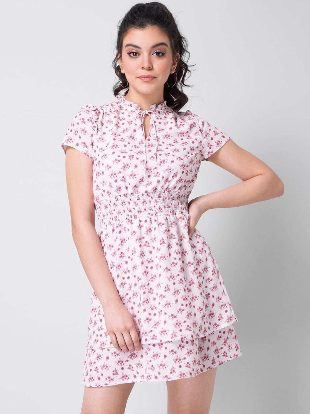 

FabAlley Pink & White Floral Tie-Up Neck Georgette Dress