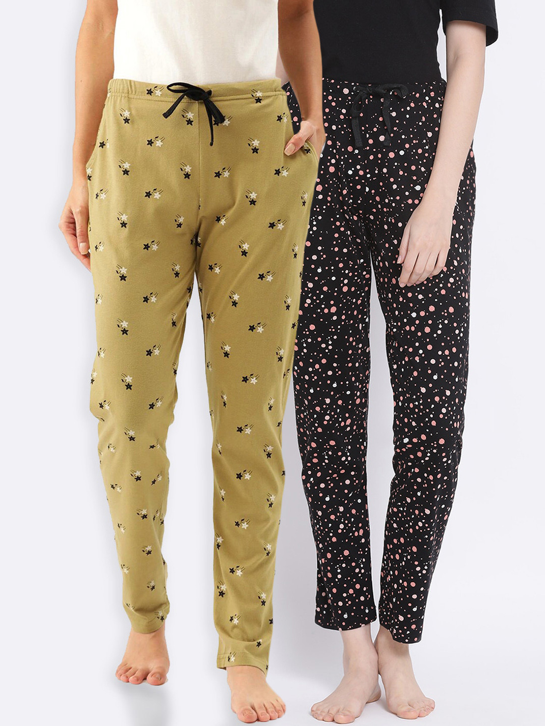 

Kanvin Women Pack of 2 Printed Pure Cotton Lounge Pants, Black