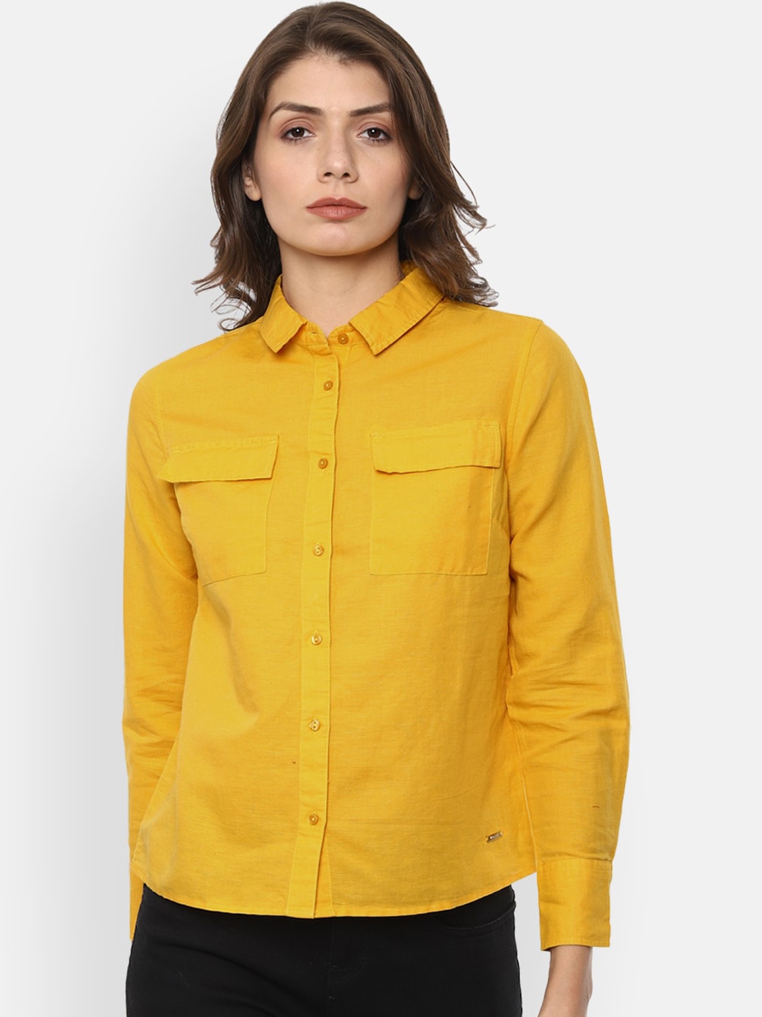 

Van Heusen Woman Women Mustard Yellow Regular Fit Solid Casual Shirt