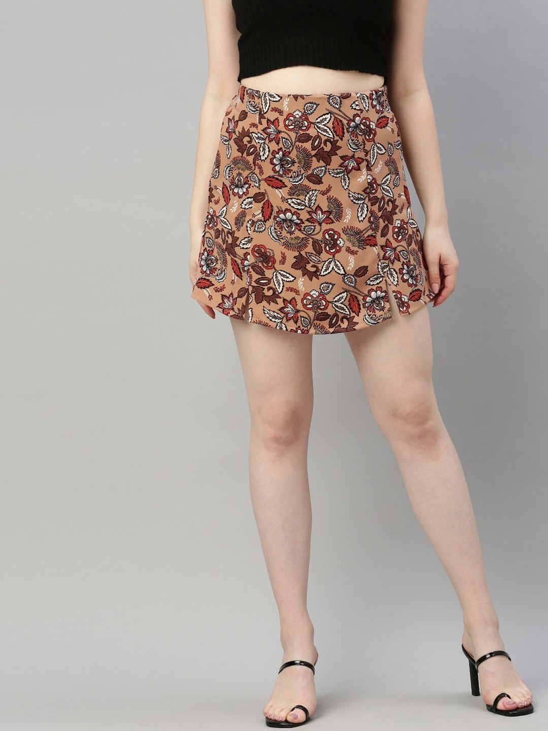 

Sera Women Beige & Orange Floral Printed A-Line Mini Skirt