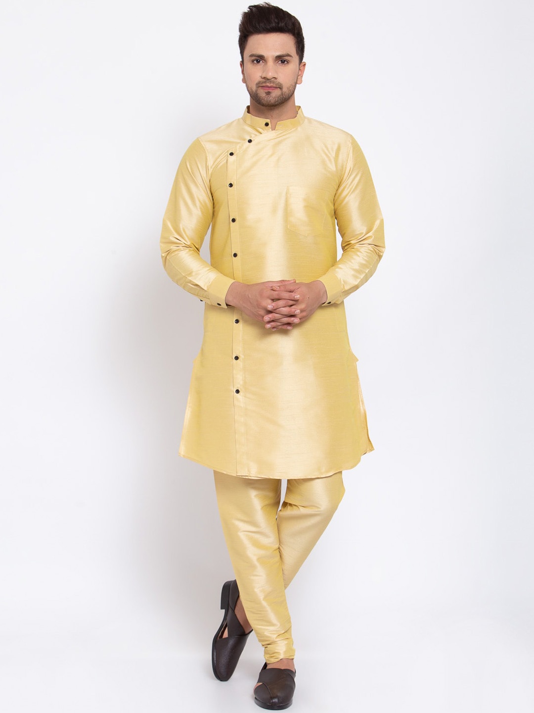 

KLOTTHE Men Gold-Toned Solid Angrakha Straight Kurta & Pyjamas