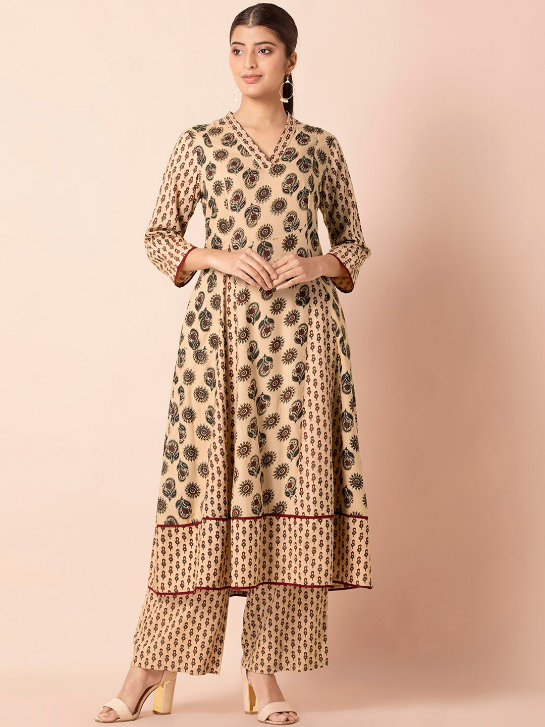 

INDYA Women Beige Ethnic Motifs Printed Anarkali Kurta
