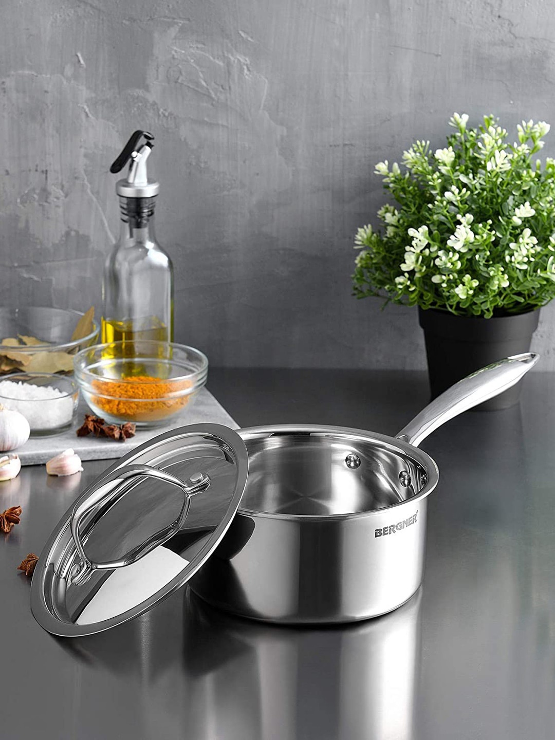 BERGNER Induction Base Argent TriPly Stainless Steel Saucepan with Lid 1.6 L, Silver