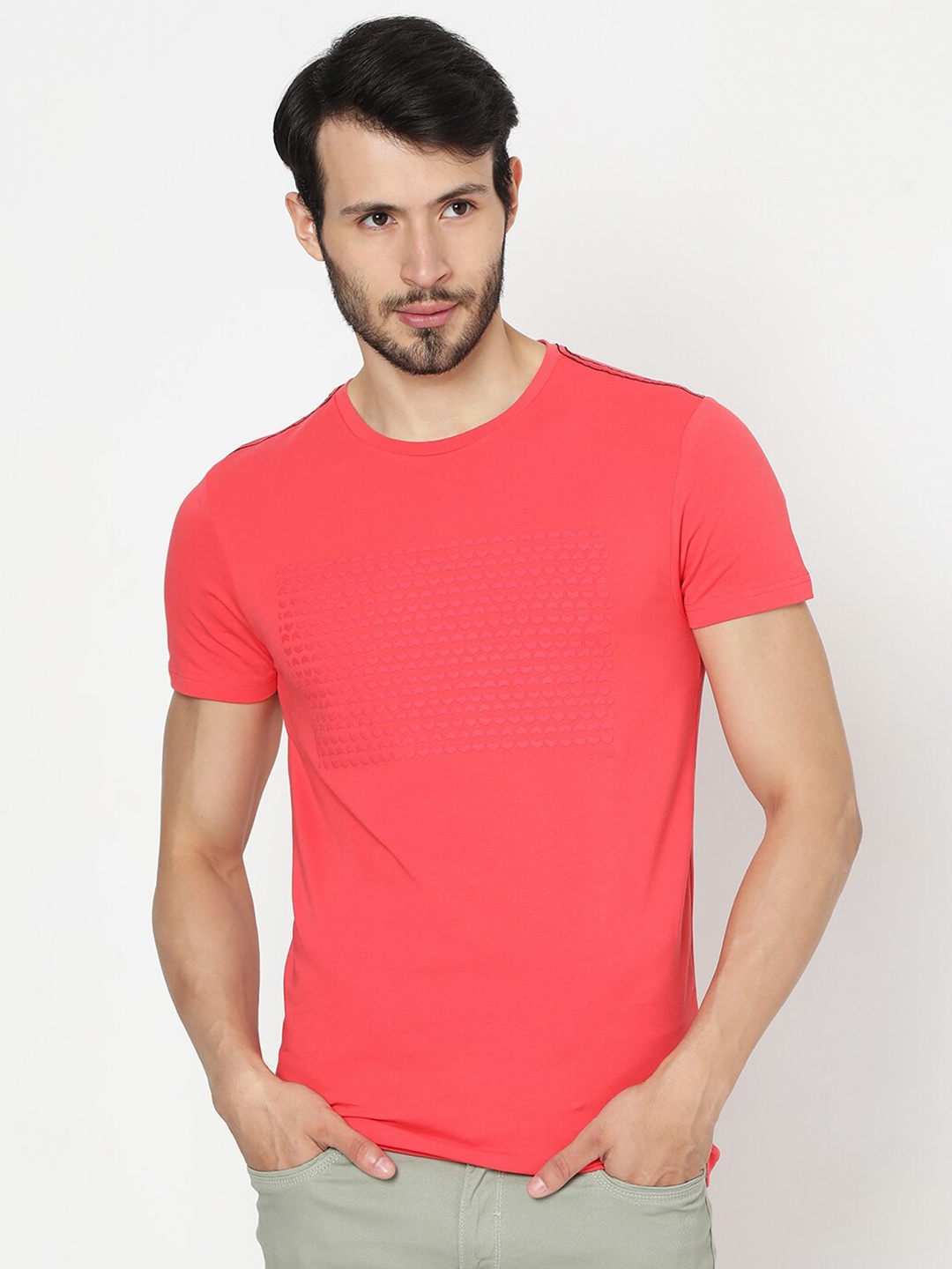 

Rex Straut Jeans Men Peach-Coloured Solid Round Neck Pure Cotton T-shirt