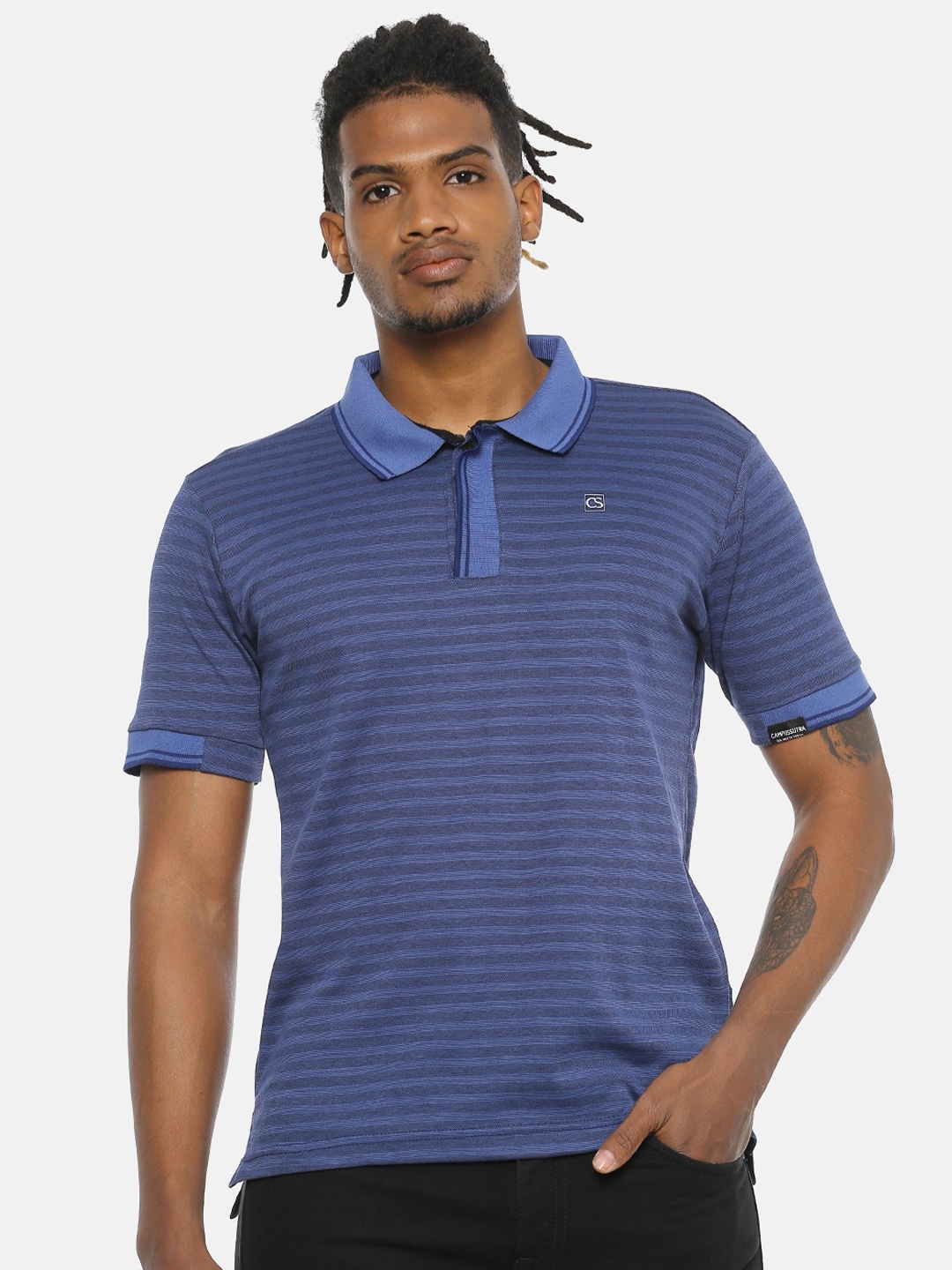 

Campus Sutra Men Navy Blue Striped Polo Collar Pure Cotton T-shirt
