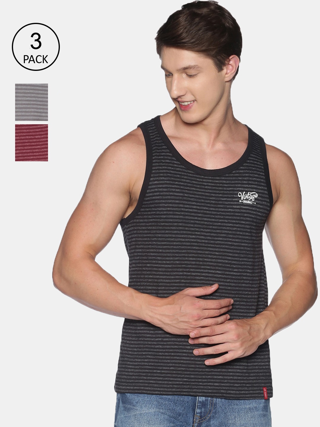 

Force NXT Pack of 3 Striped Premium Cotton Tank T-shirt, Black