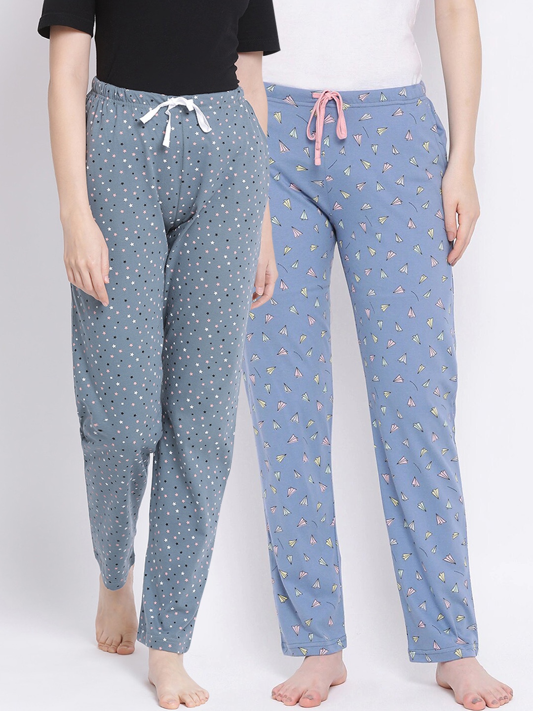 

Kanvin Women Pack of 2 Printed Pure Cotton Lounge Pants, Grey