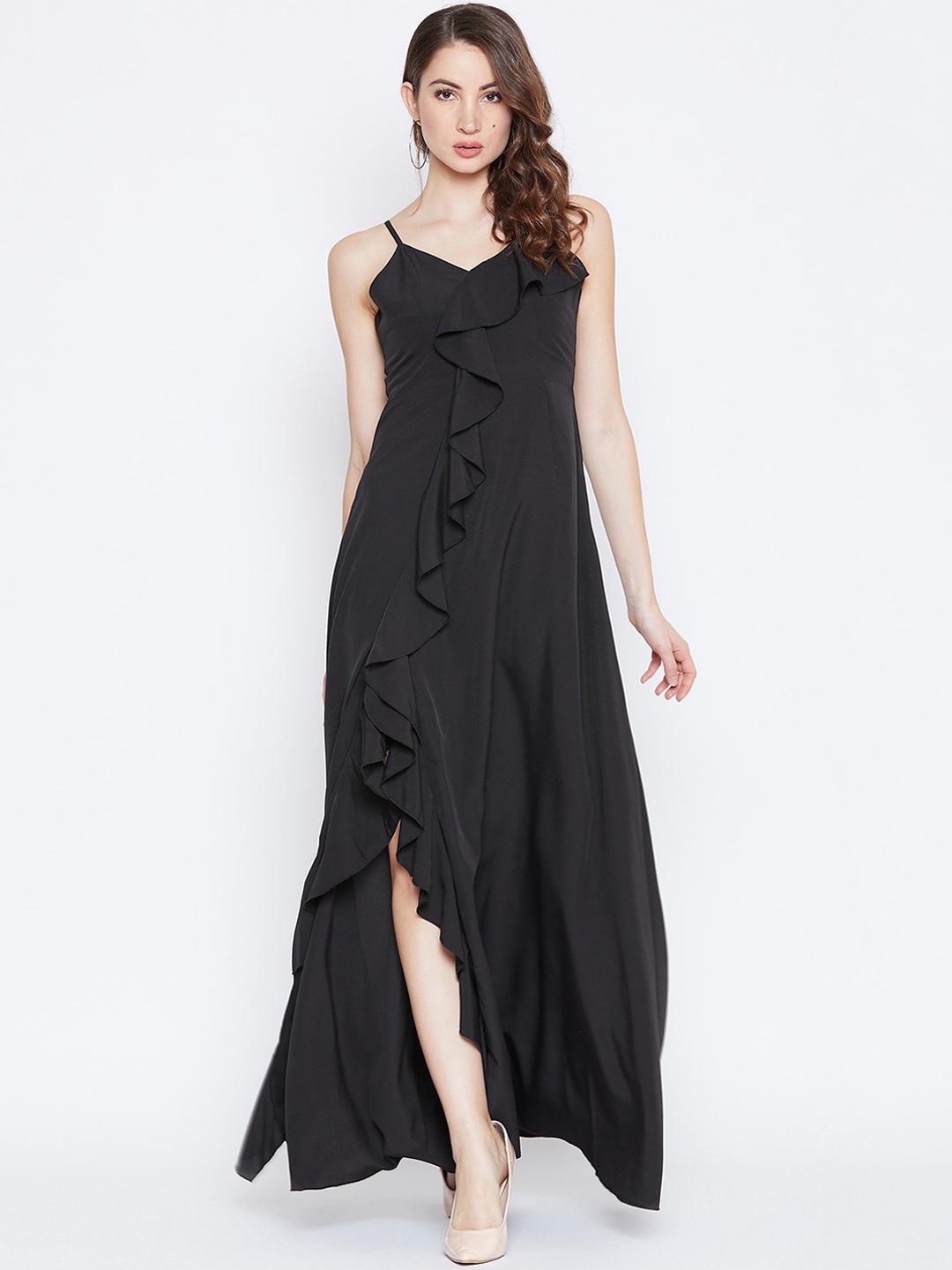 

Berrylush Black Crepe Ruffled Maxi Dress