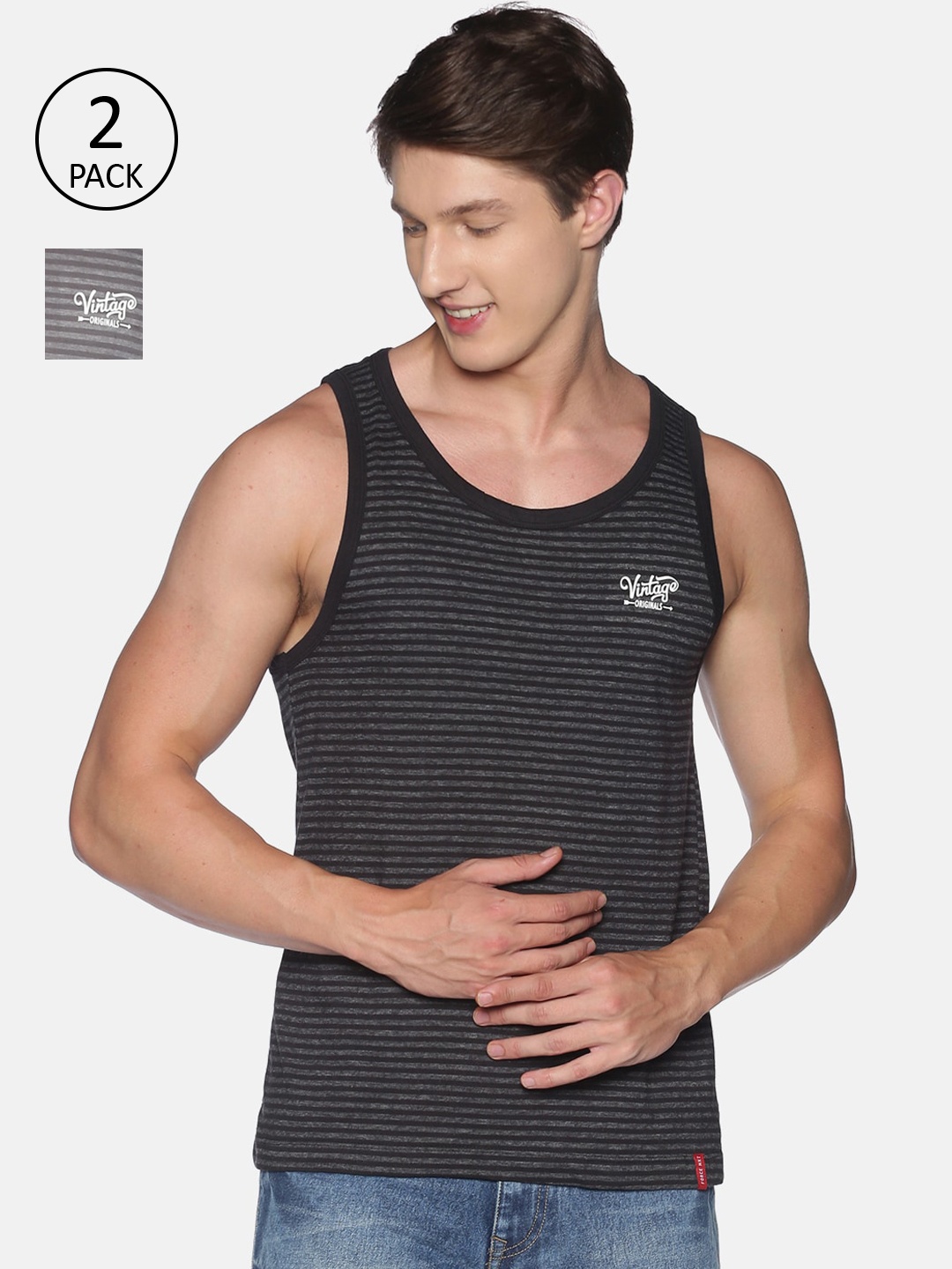 

Force NXT Pack of 2 Striped Premium Cotton Tank Vests, Grey