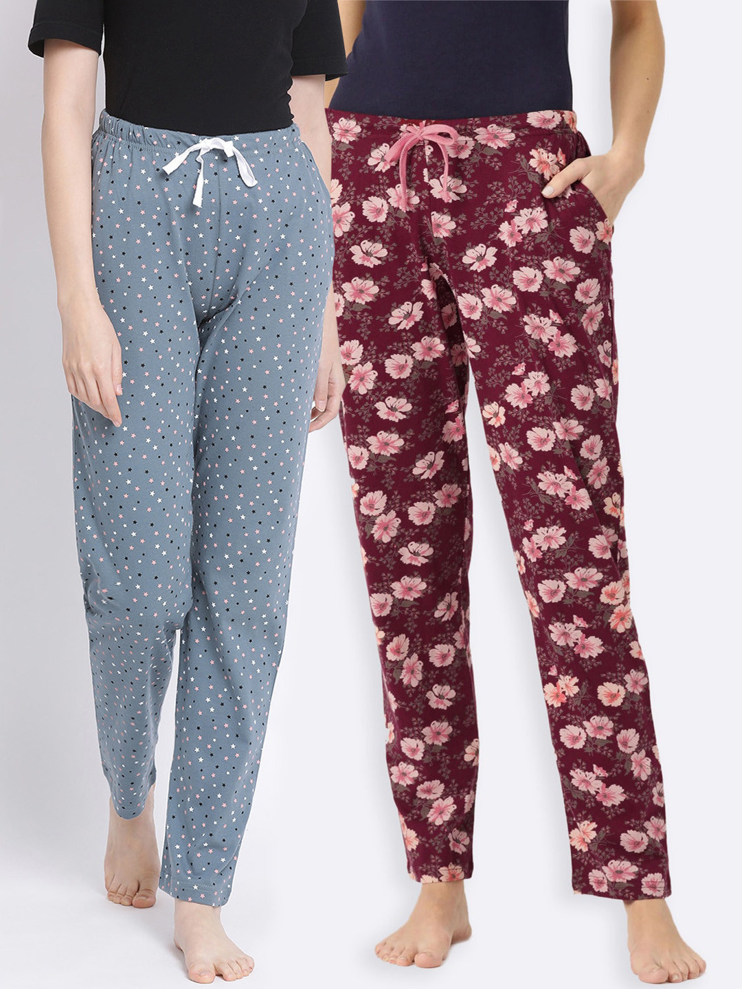 

Kanvin Women Pack of 2 Printed Pure Cotton Lounge Pants, Grey