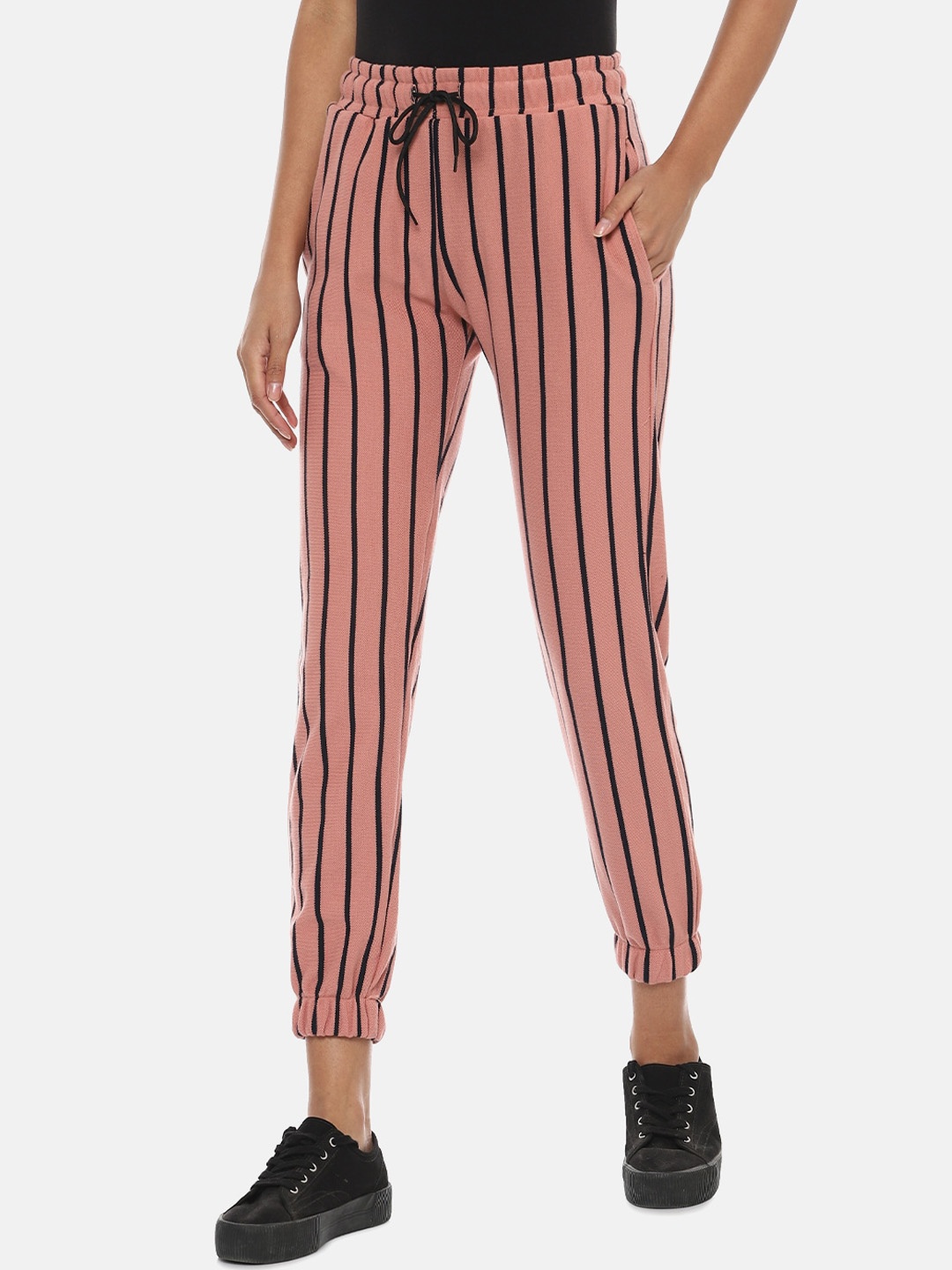 

Campus Sutra Women Pink & Black Striped Cotton Active Joggers