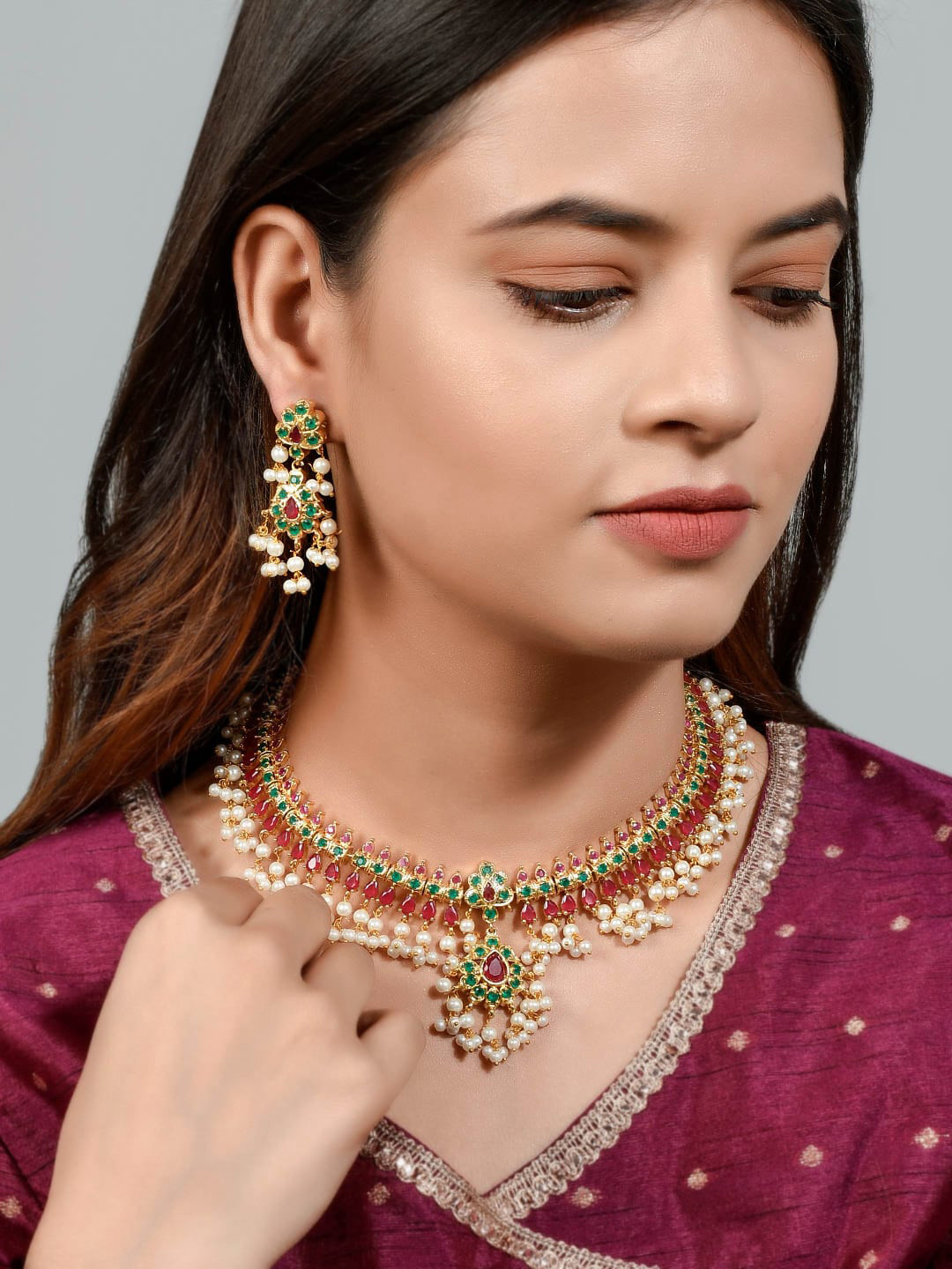 

Silvermerc Designs Green & Red Gold-Plated Pearl-Studded Handcrafted Jewellery Set