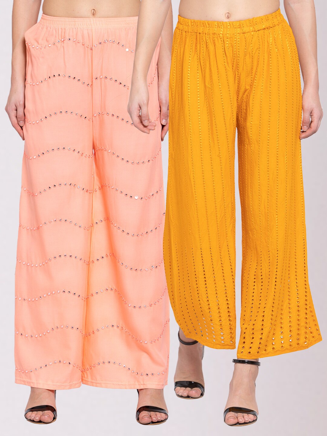 

KLOTTHE Women Pack Of 2 Peach-Coloured & Yellow Embroidered Wide Leg Palazzos