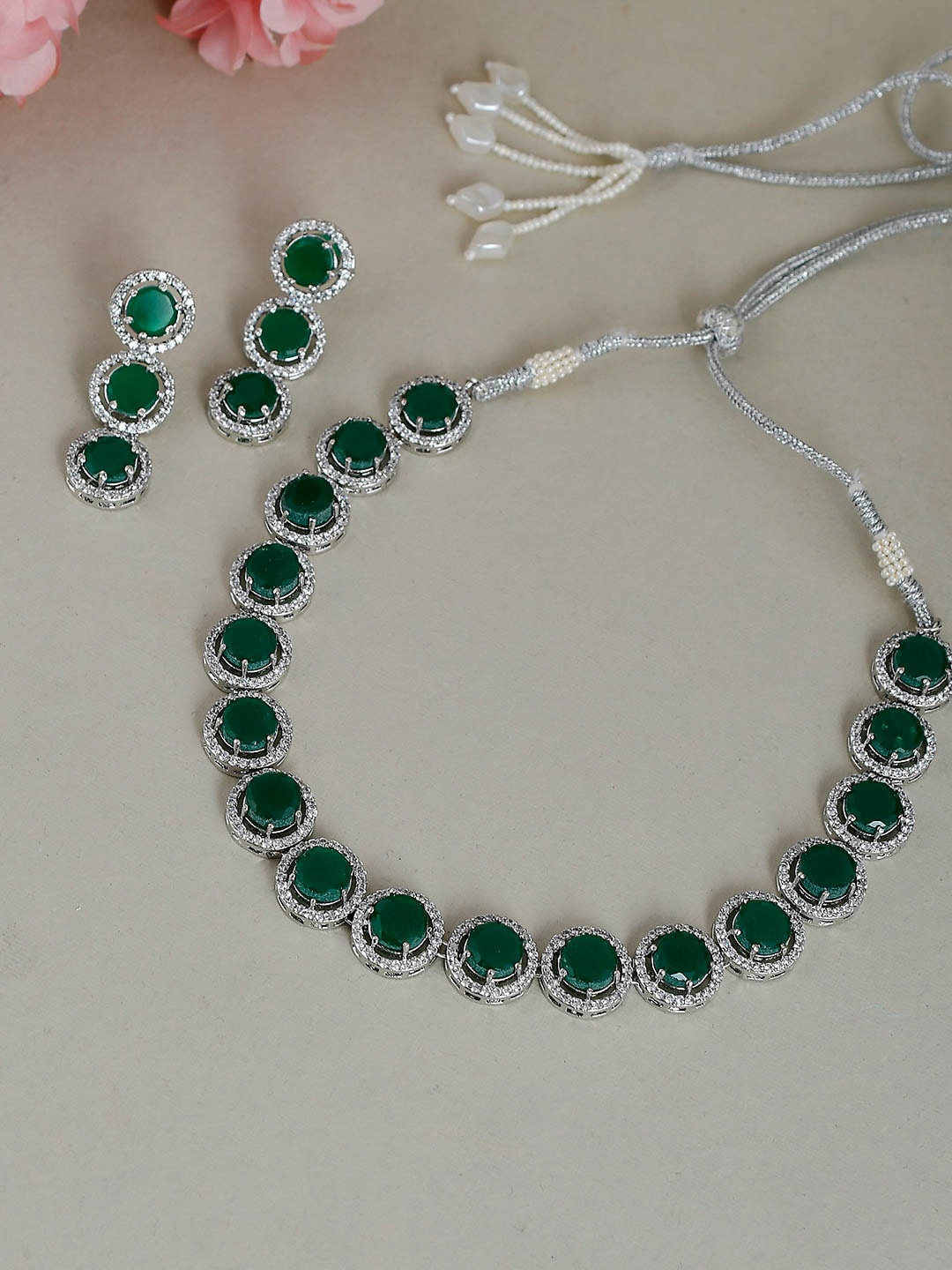 

Silvermerc Designs Green Silver-Plated AD & Emerald-Studded Handcrafted Jewellery Set