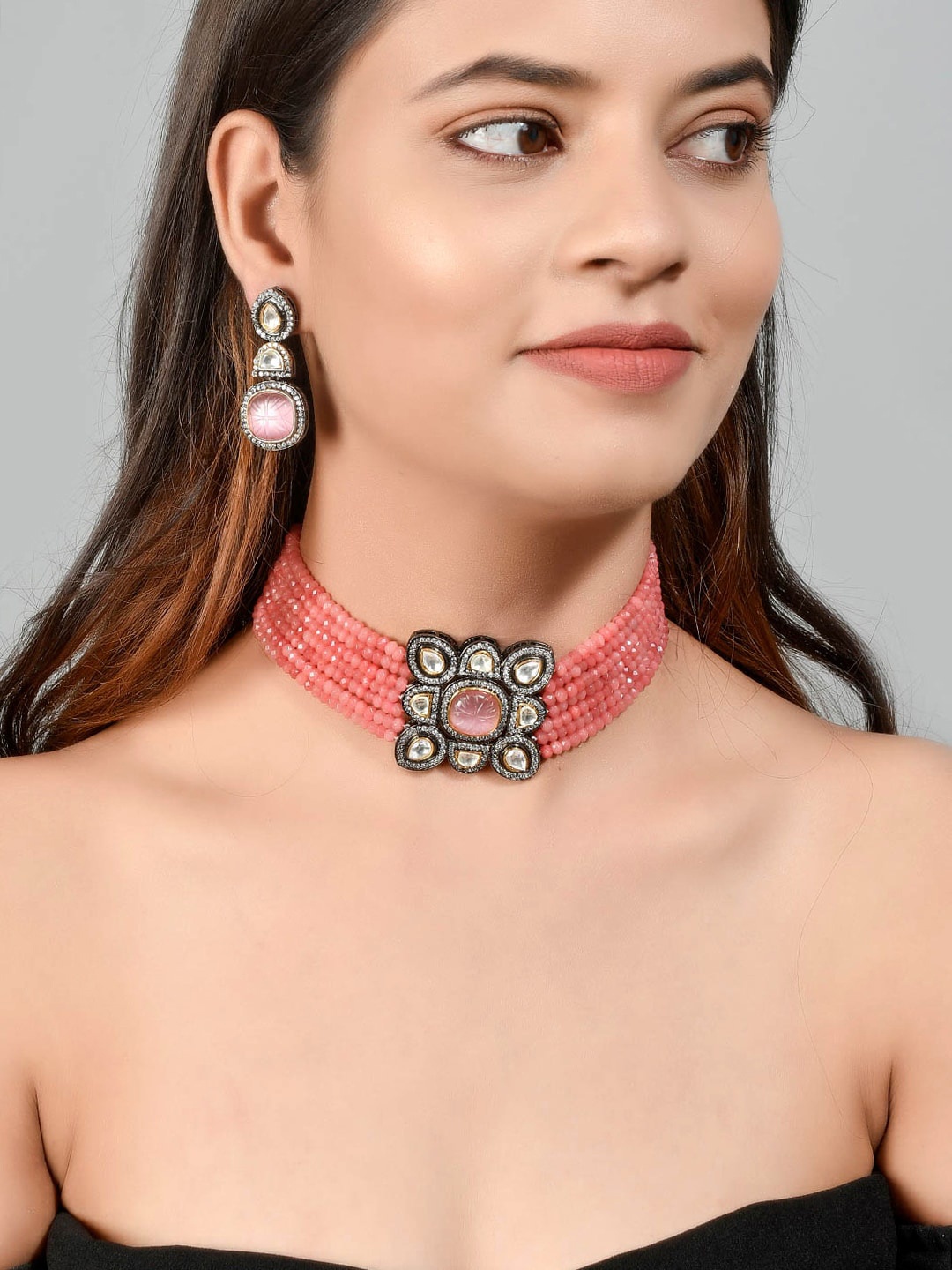Silvermerc Designs Gold-Plated & Pink AD Kundan Studded Jewellery Set