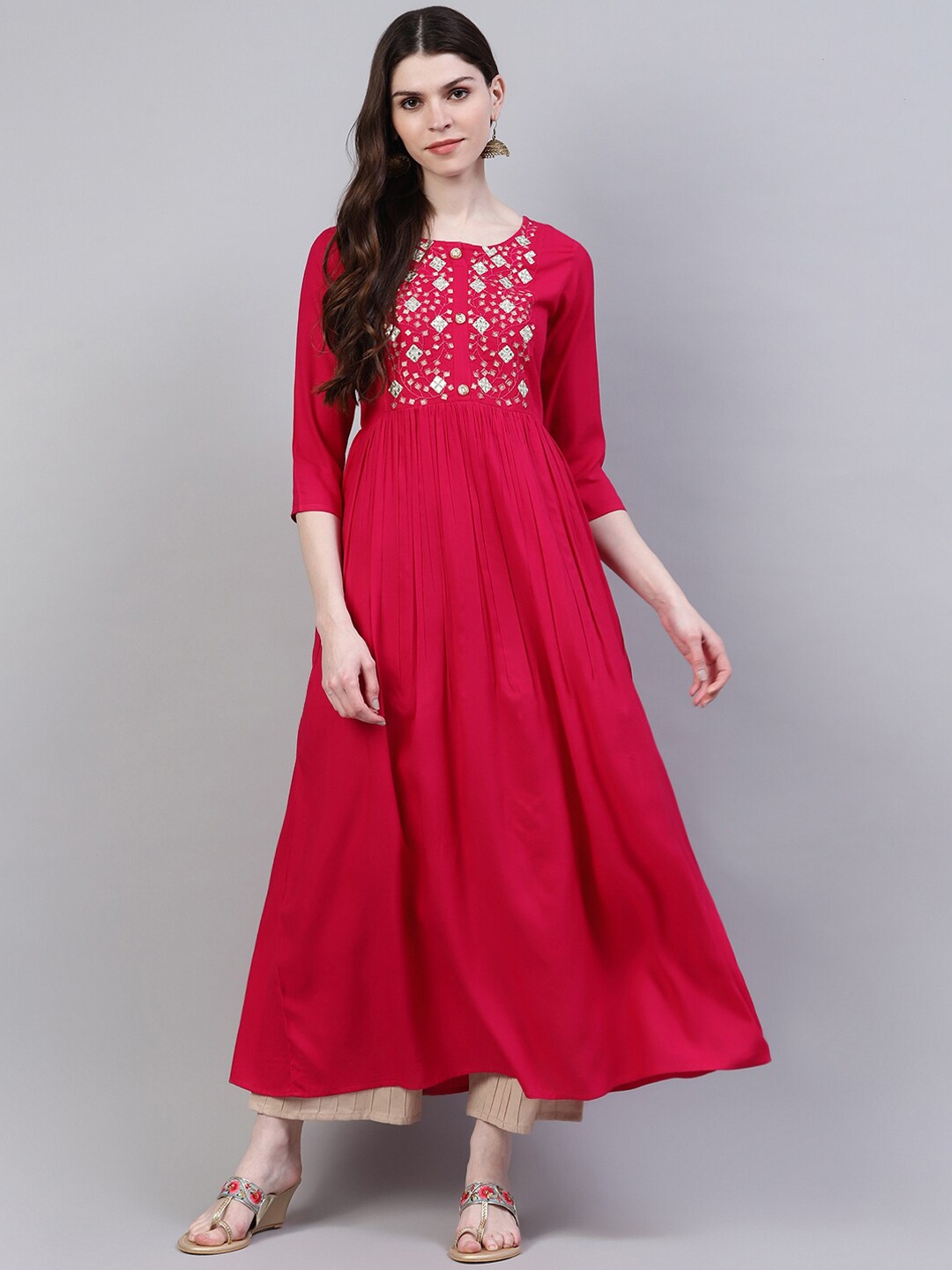 

Stylum Women Pink Yoke Design Mirror Work Anarkali Kurta