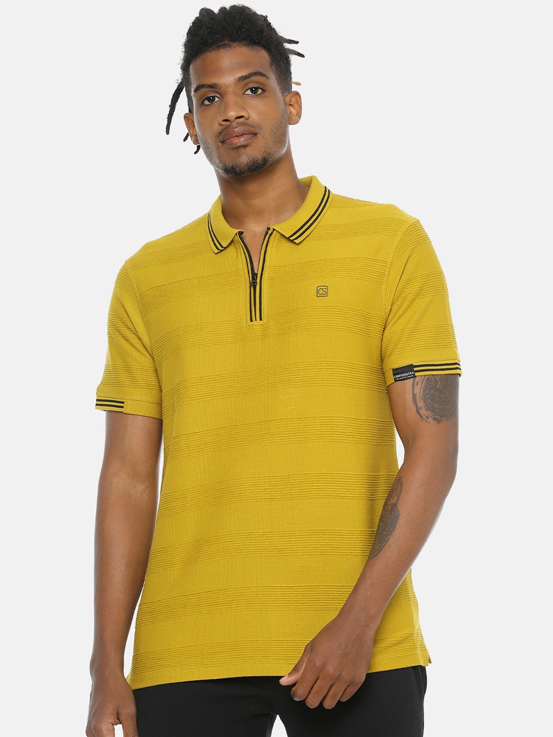 

Campus Sutra Men Mustard Yellow Self Design Polo Collar Pure Cotton T-shirt