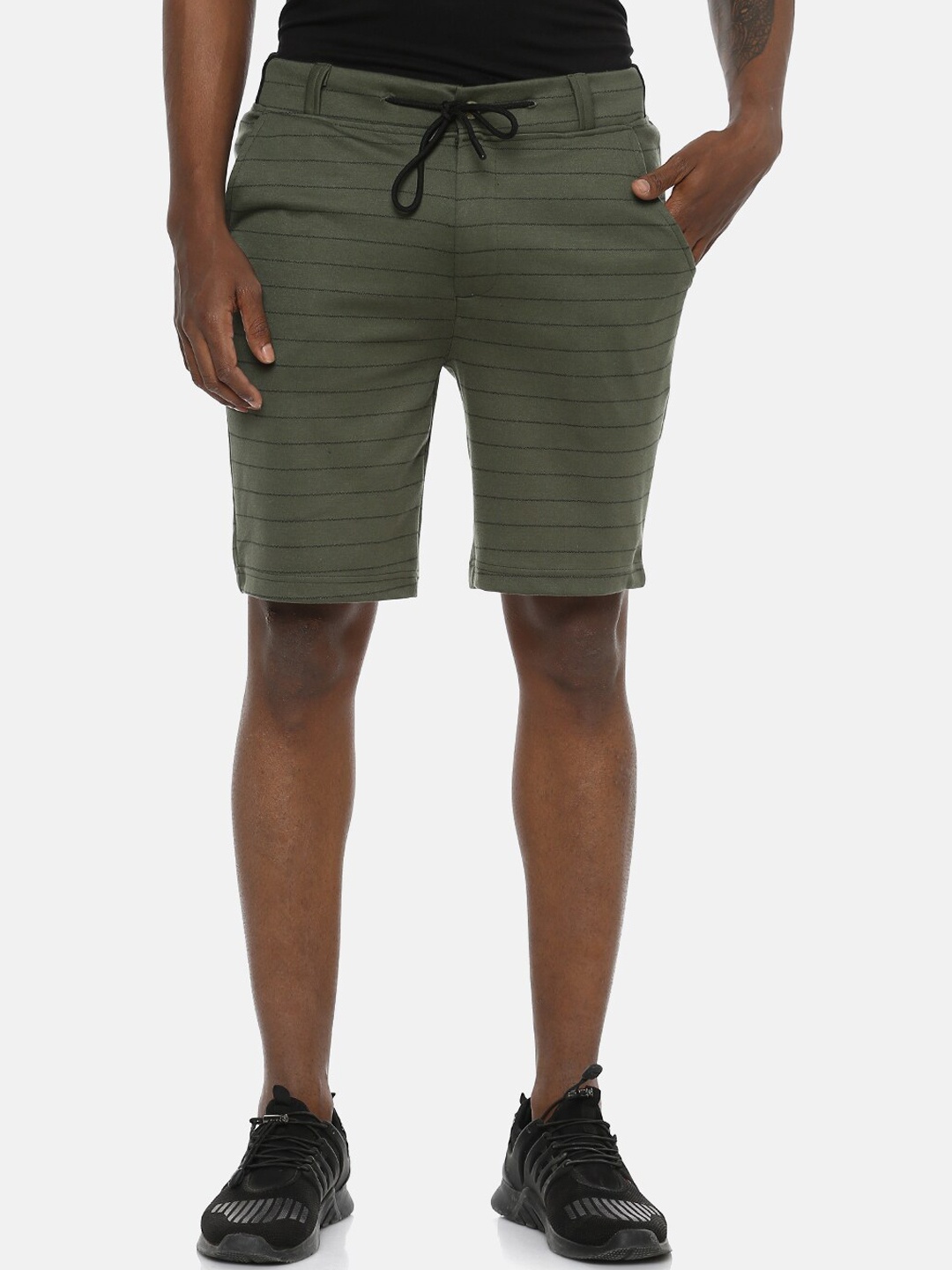 

Campus Sutra Men Olive Green Striped Regular Fit Sports Shorts