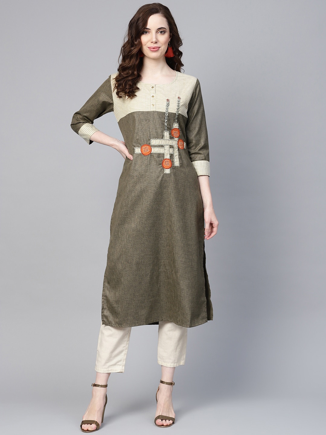 

Yufta Women Olive Green & Beige Geometric Printed Cotton Kurta