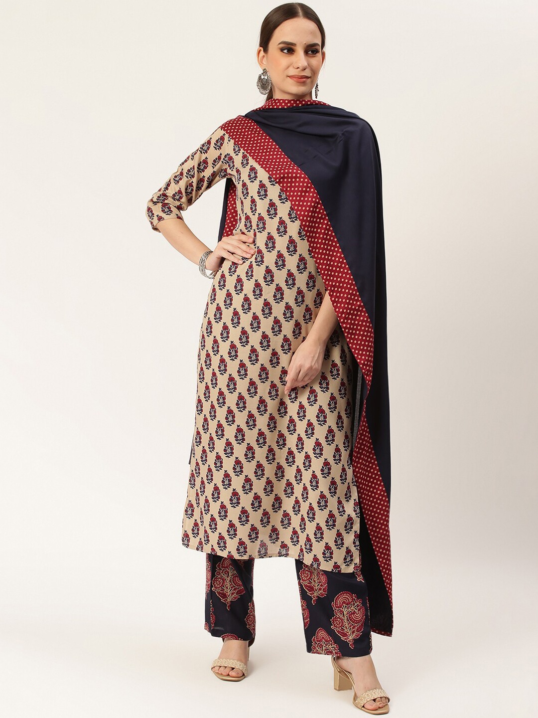 

Rustorange Women Beige & Red Ethnic Print Straight Kurta with Trousers & Dupatta