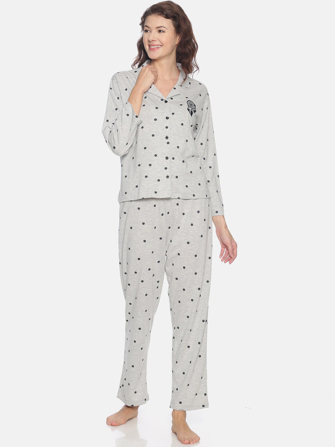

Campus Sutra Women Grey & Black Printed Cotton Night Suit