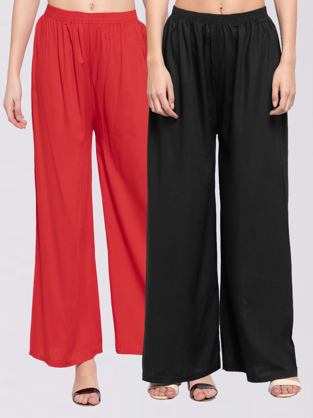 

KLOTTHE Women Pack Of 2 Red & Black Solid Wide Leg Palazzos