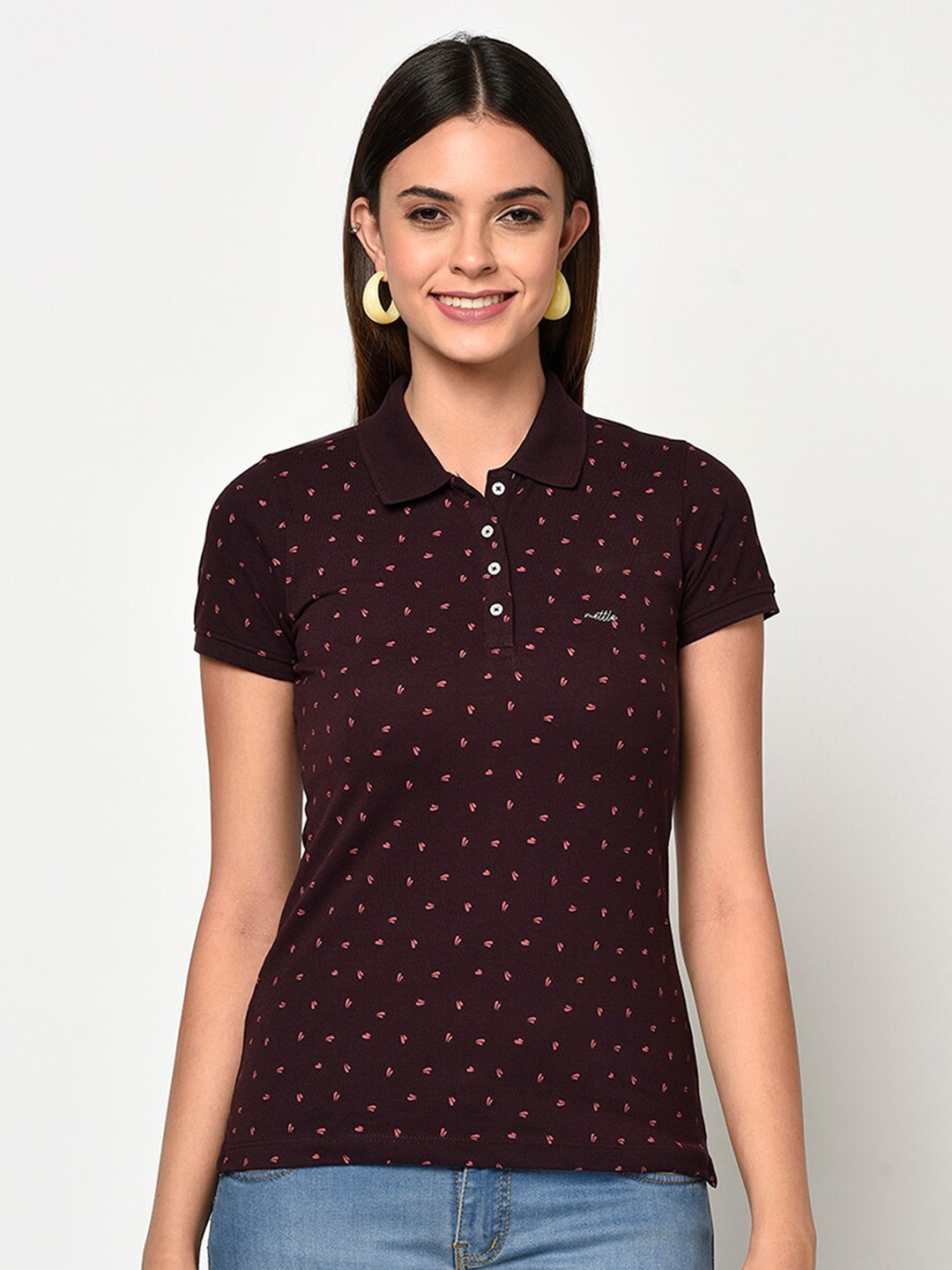 

METTLE Women Burgundy Printed Polo Collar T-shirt