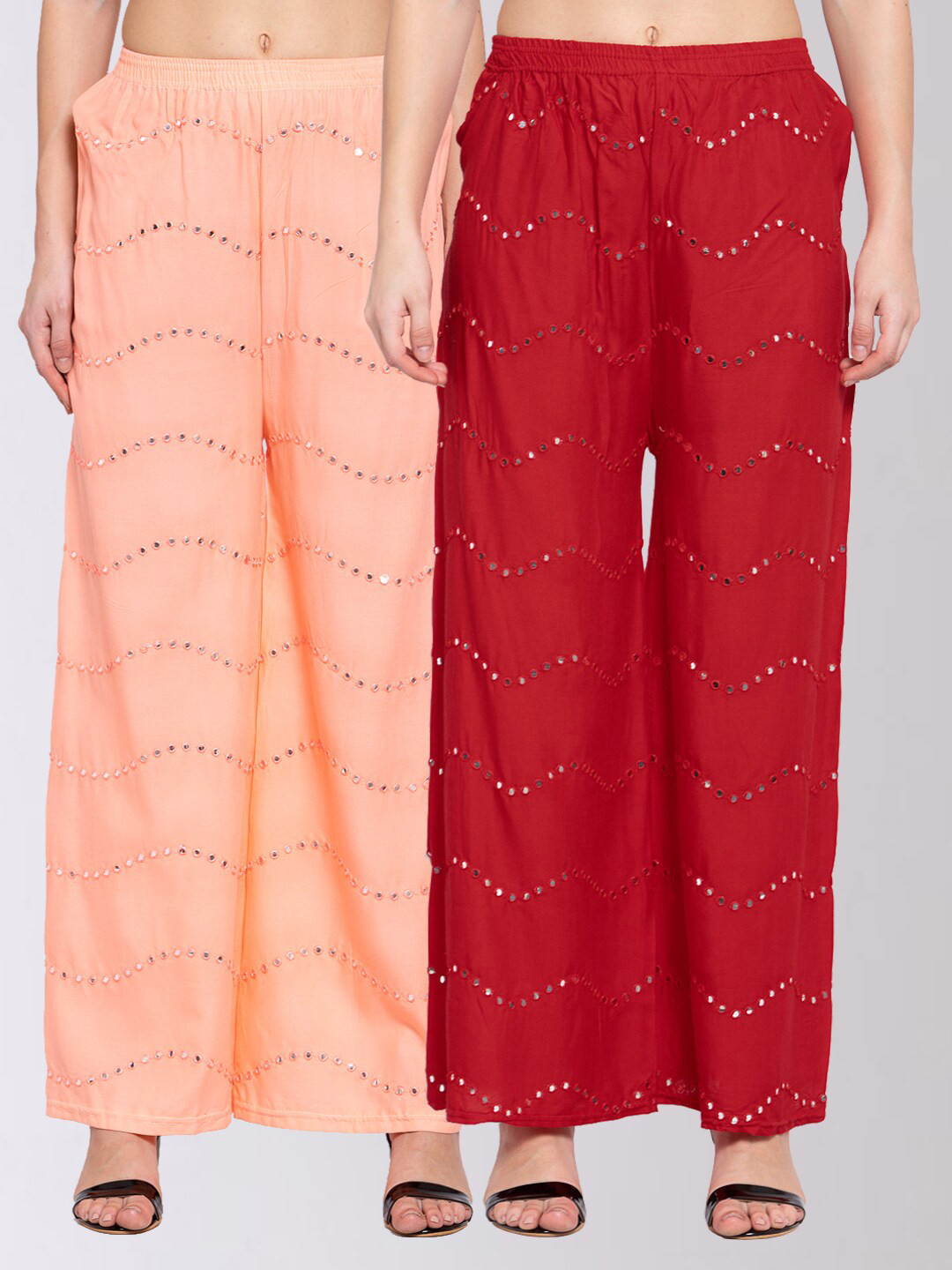 

KLOTTHE Women Peach-Coloured & Red Set of 2 Wide Leg Palazzos