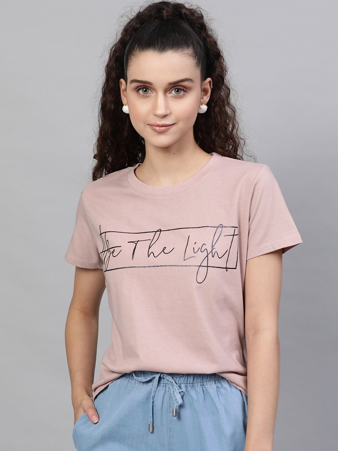 STREET 9 Women Nude Pink Printed Round Neck Pure Cotton T-shirt