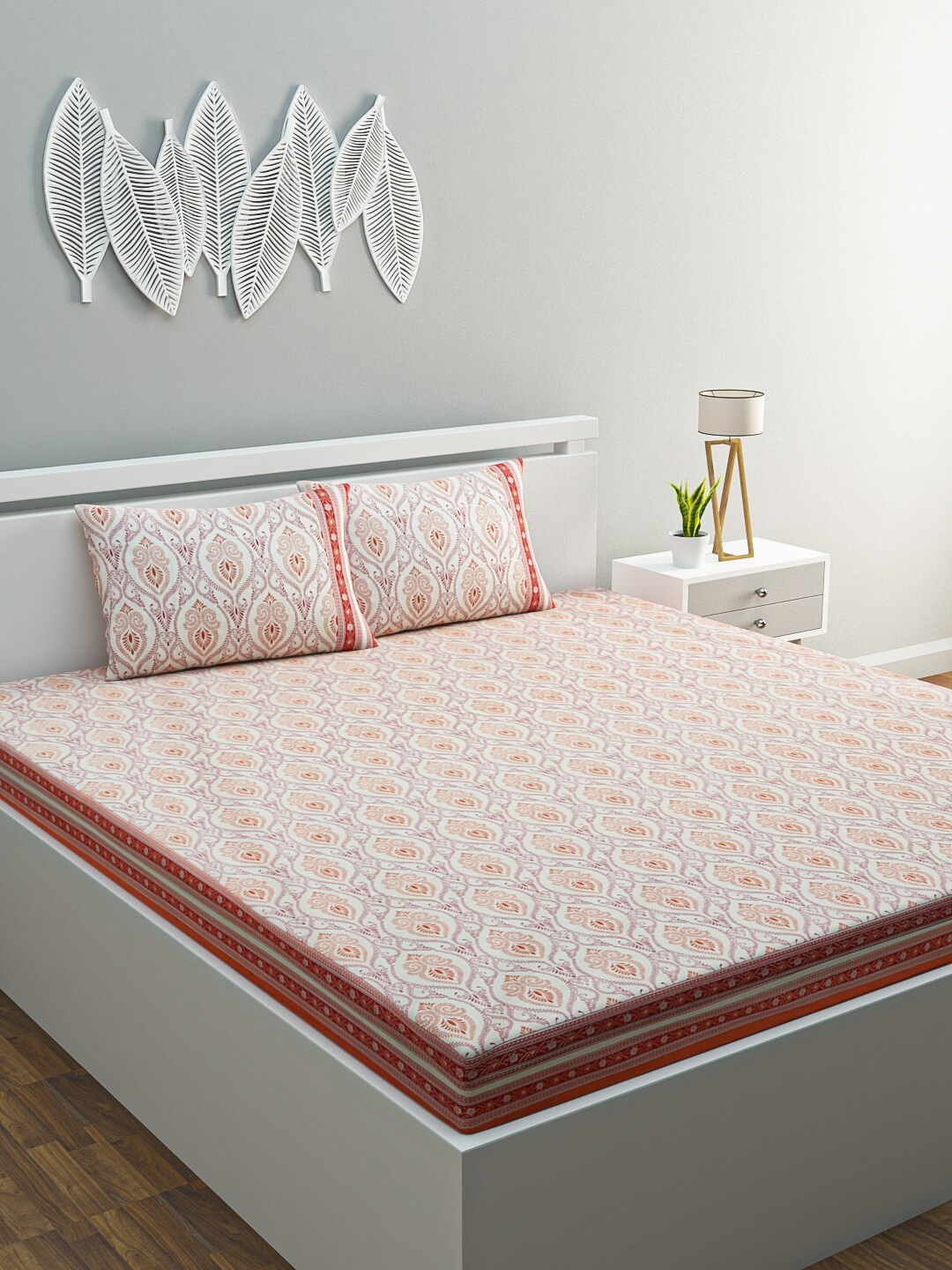 

HOME AFFAIRS White & Orange Ethnic Motifs 144 TC Cotton 1 Queen Bedsheet with 2 Pillow Covers