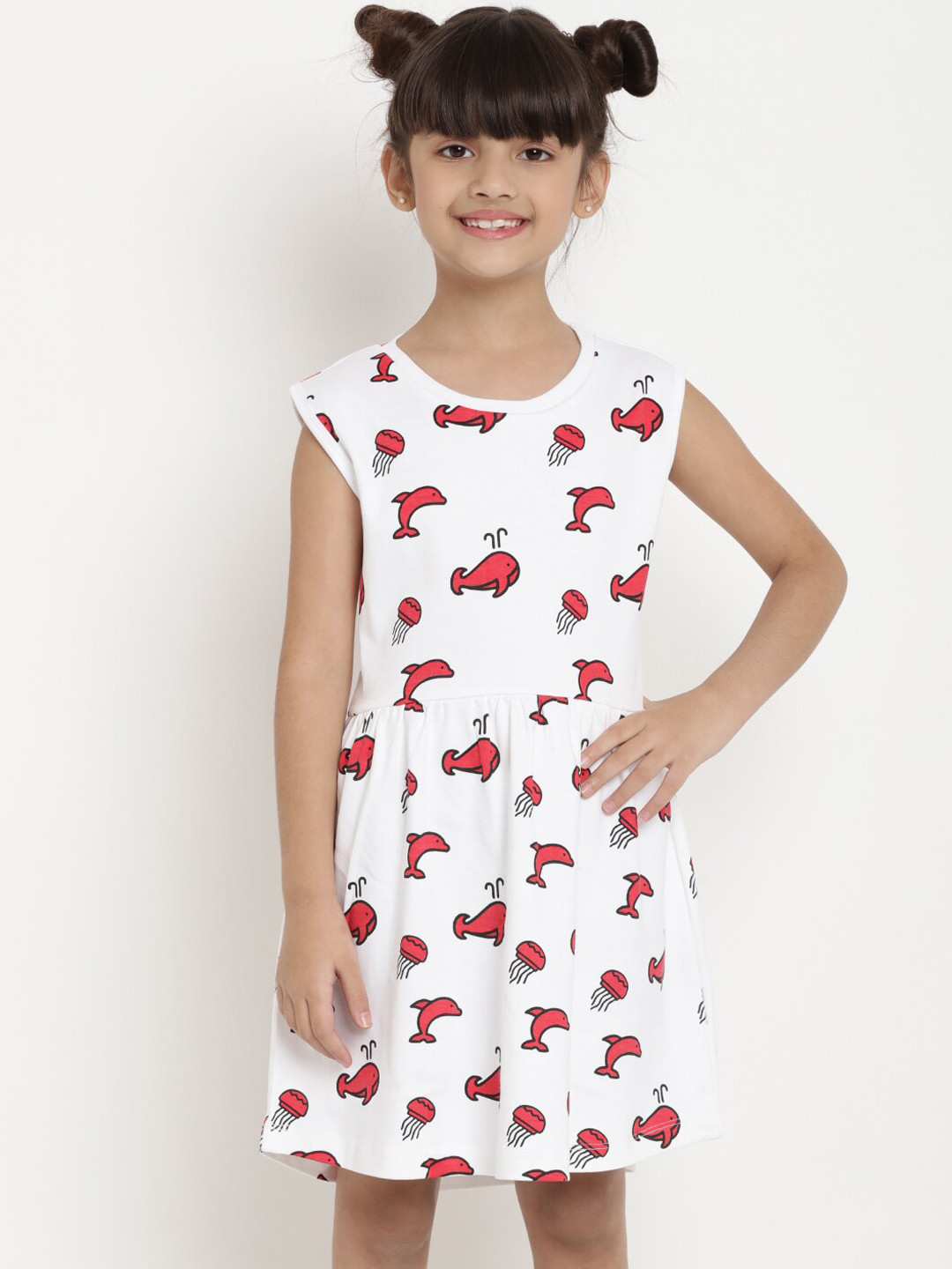 

berrytree Girls White Red Printed Fit and Flare Sustainable Dress