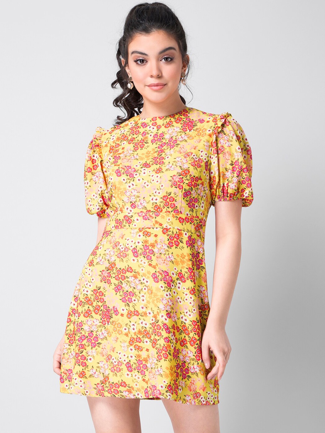 

FabAlley Yellow Floral Georgette A-Line Mini Dress