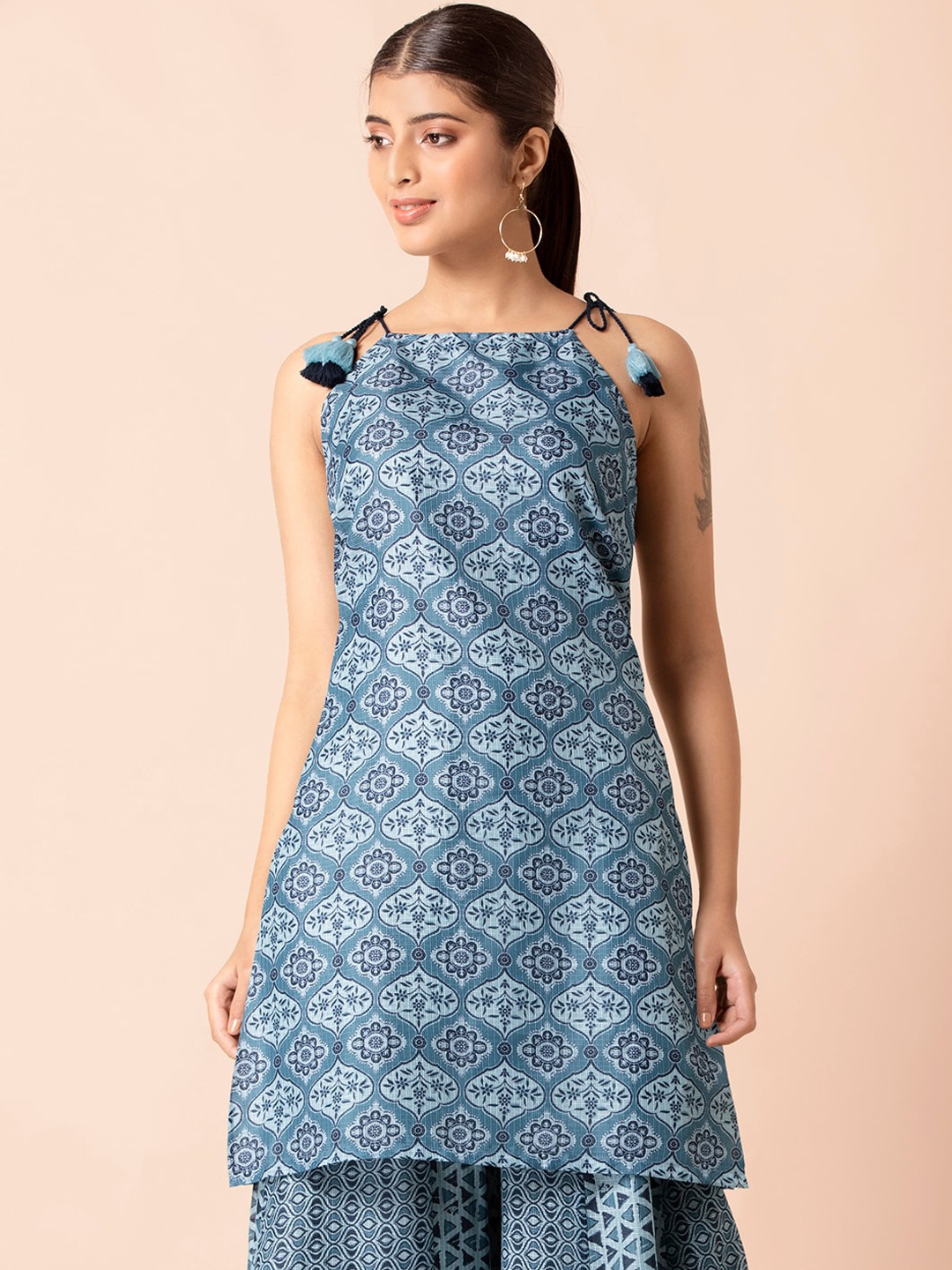 

INDYA Blue Mughal Tie Up Strap Short Kurti