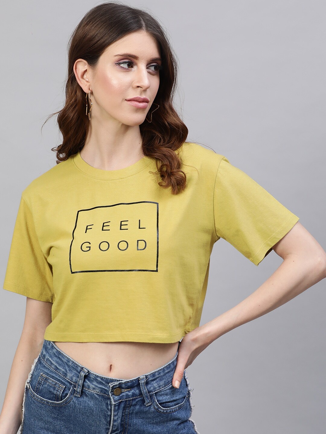 

STREET 9 Women Yellow Printed Round Neck Pure Cotton Crop Pure Cotton T-shirt