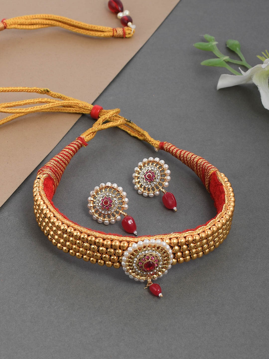 

Silvermerc Designs Gold-Plated White & Pink Stone-Studded & Beaded Handcrafted Jewellery Set