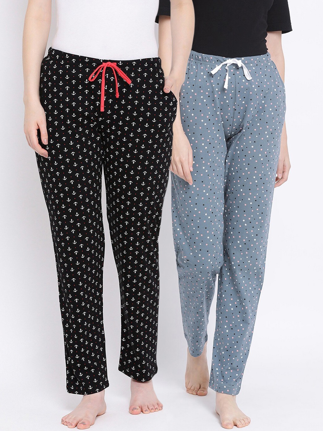 

Kanvin Women Pack of 2 Printed Pure Cotton Lounge Pants, Grey